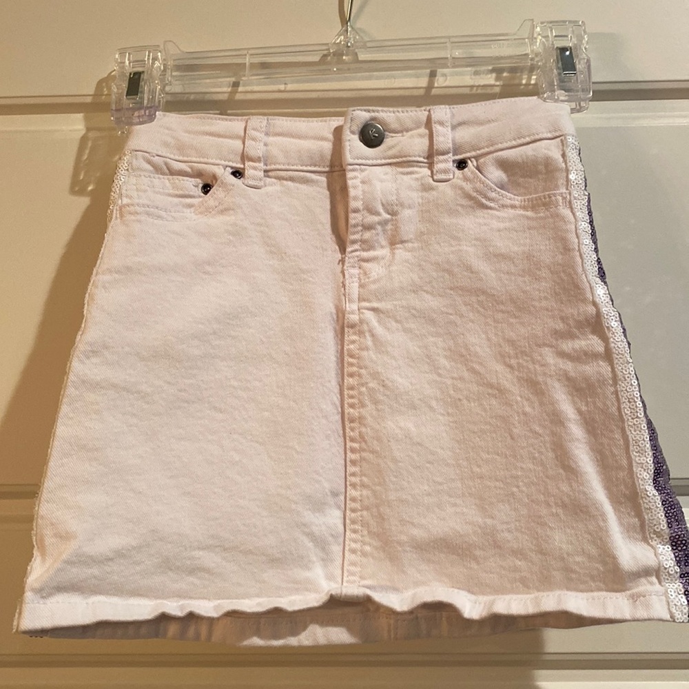 Kidpik White Denim Skirt with Purple and White Sequin Sides - Size 6